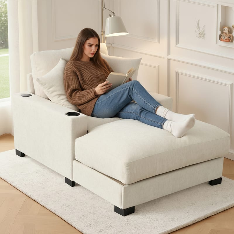 GDFStudio - Polyester 1-Seater 28.3" Chaise Lounge with Tufted Back and Arm - White