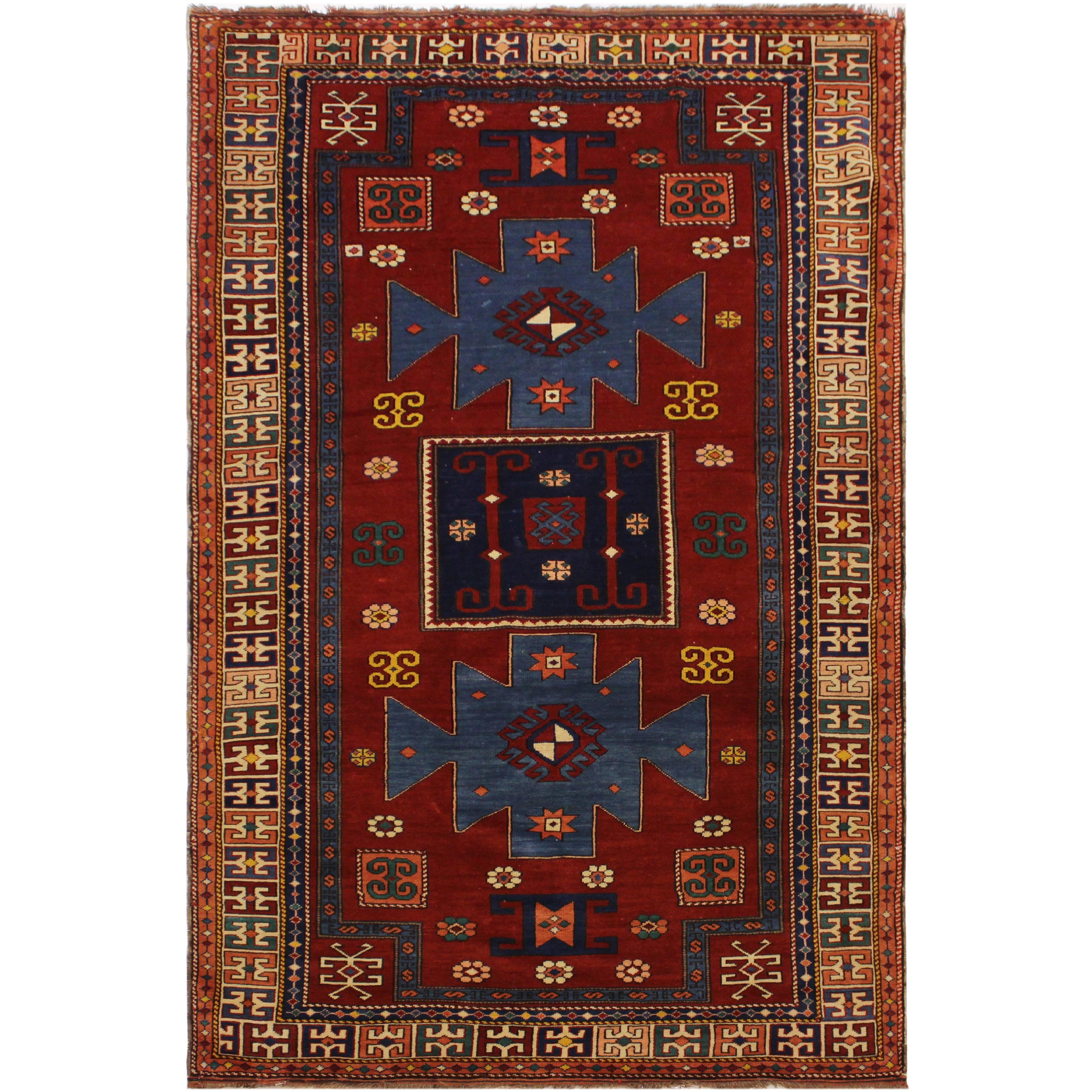 Rustic Antique 1920s Baku Vintage Wool Rug 4'3'' x 6'11'' Bed