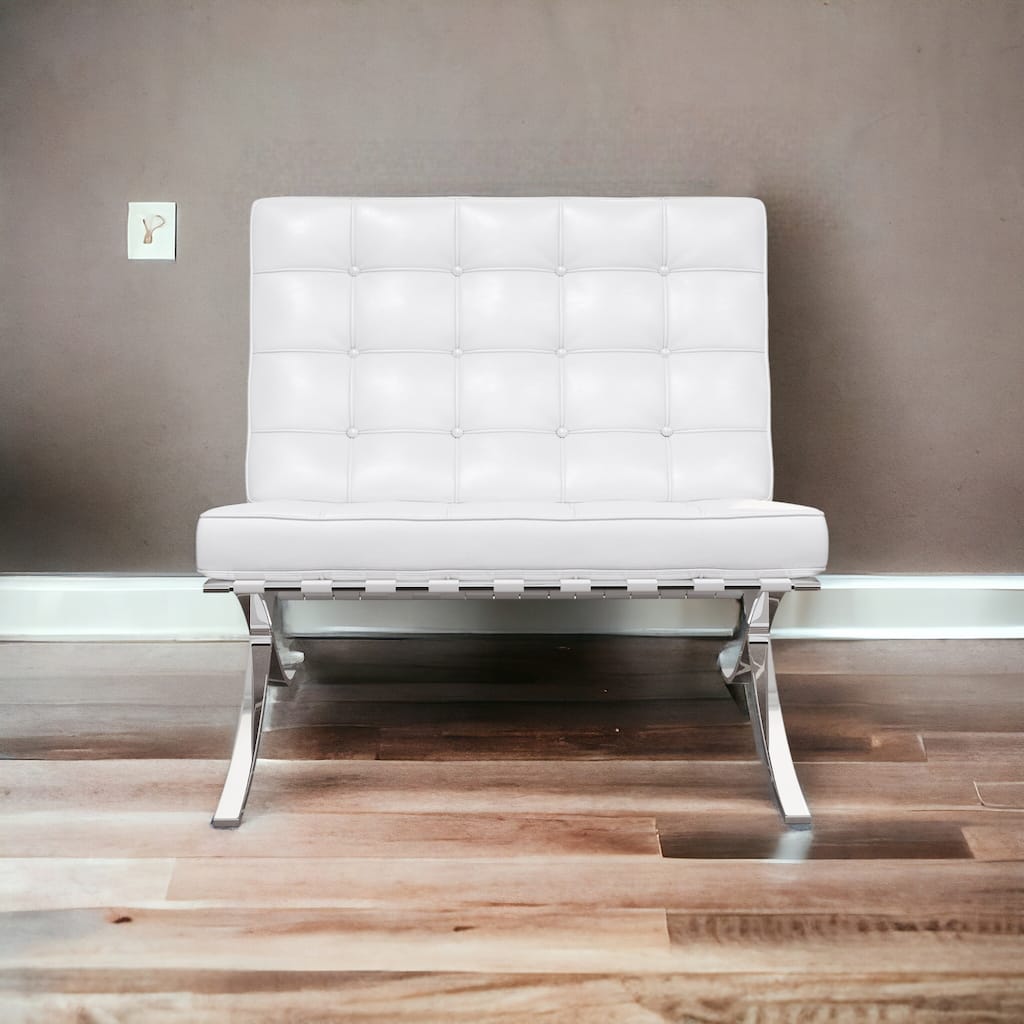 HomeRoots 32" White And Silver Italian Leather Tufted Lounge Chair - 31.5' X '32' X '30
