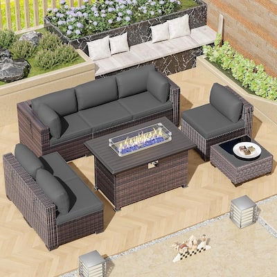 Outdoor Rattan Sectional Sofa Set, Patio Furniture Conversation Set with Fire Pit Table