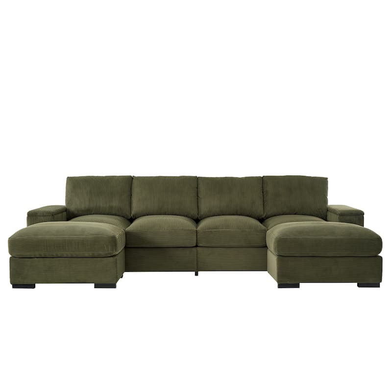 U-Shaped Sectional Sofa with 2 Movable Ottomans, Comfy Corduroy Upholstered 4 Seater Sofa, Lounge Sofa with Storage Armrests