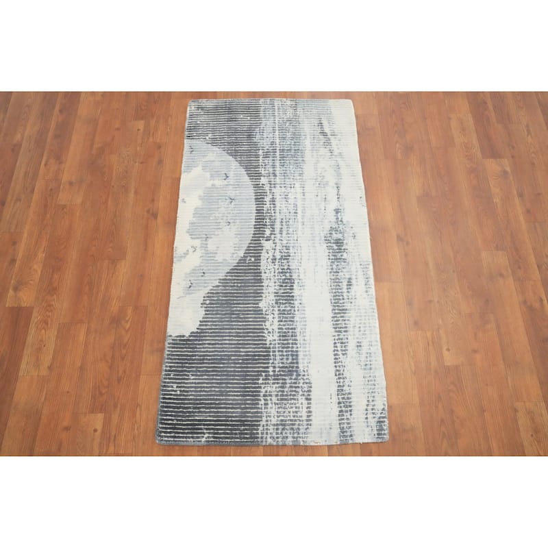Hand Knotted Oriental Viscose Silk Carpet Modern Abstract Greys & Charcoal Abstract Area Rug - 4' 0'' X 2' 0''