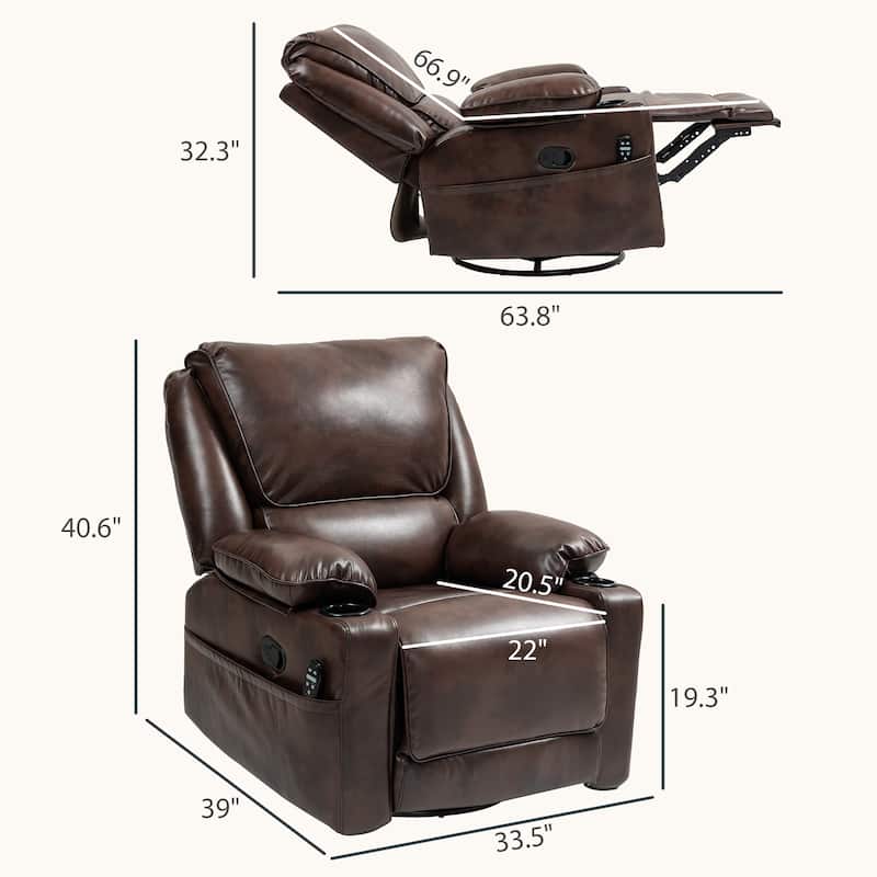 Brown PU Massage Swivel Recliner Chair with Lumbar Heating Rocking and 8 Vibration Modes