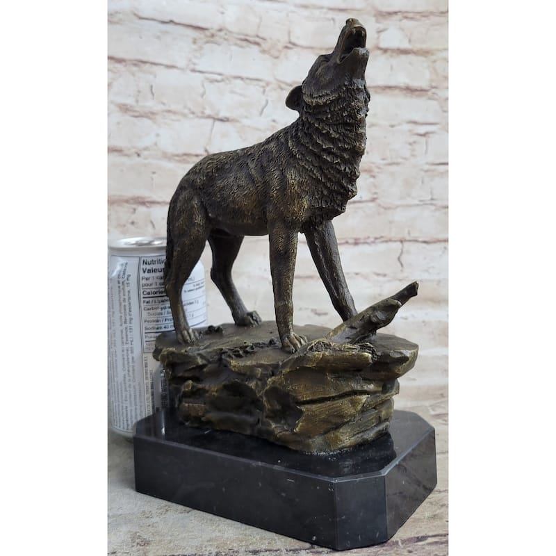 Signed Original Art Howling Imitative Wolf To The Moon Bronze Sculpture Marble Base Statue