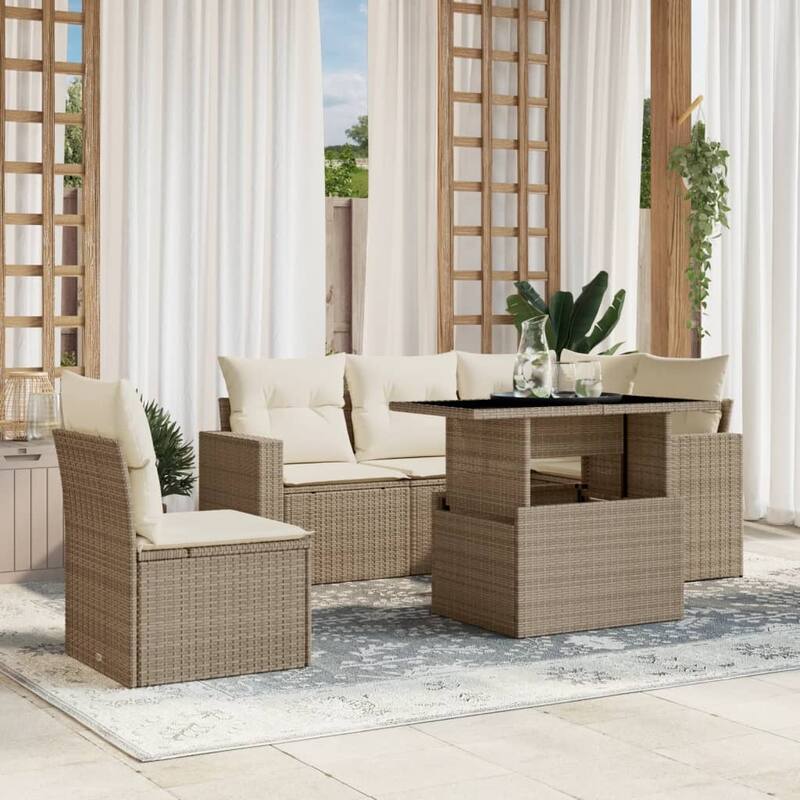 vidaXL Patio Sofa Set with Cushions Outdoor Furniture 6 Piece Poly Rattan - Beige and Cream - 21.7 x 39.4 x 28.7