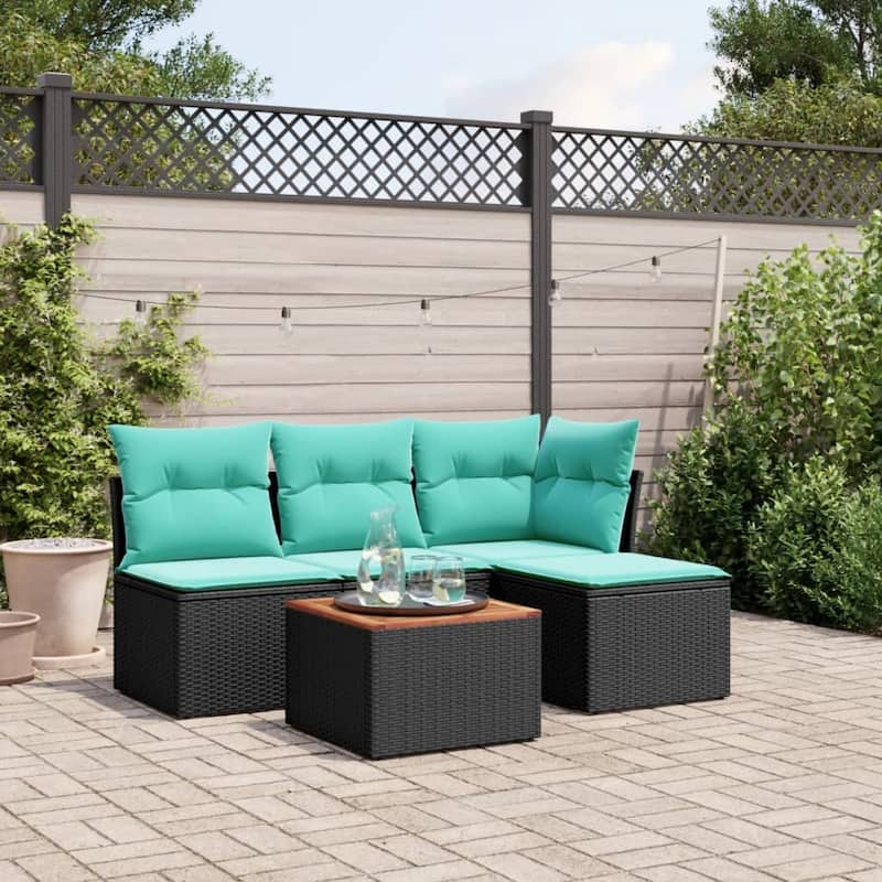 vidaXL Patio Sofa Set with Cushions Outdoor Furniture 5 Piece Poly Rattan - 24.4" x 24.4" x 27.2" - Black and blue