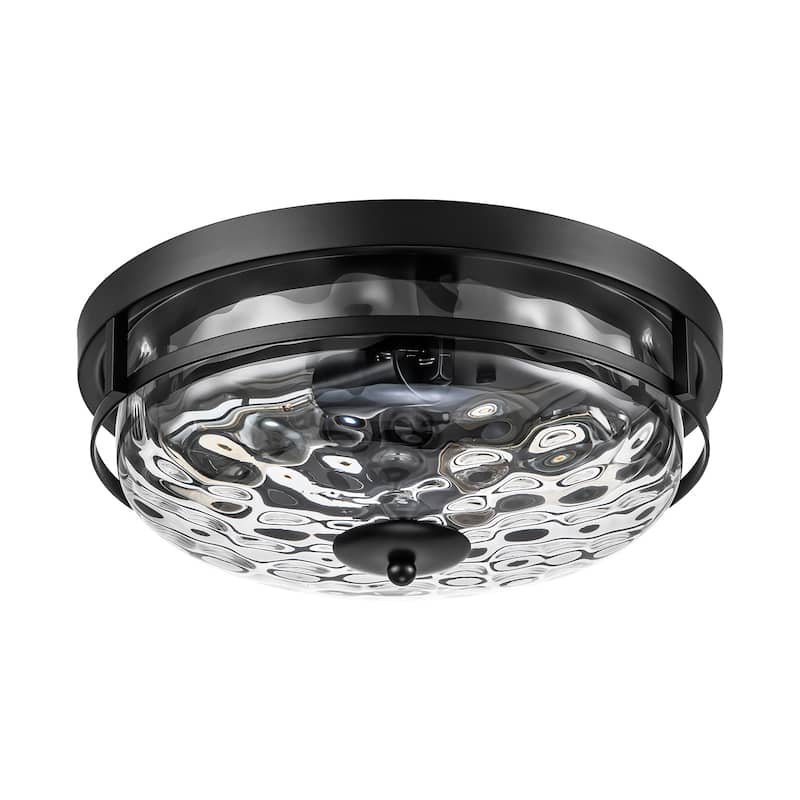 2-Light Modern Industrial Black Dome Clear Water Rippled Glass Flush Mount Ceiling Light - 12.9 in. W x 5.5 in. H