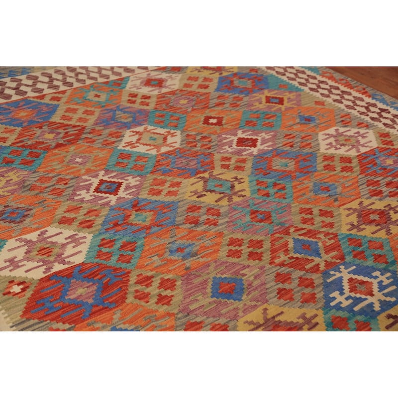 Colorful Geometric Kilim Oriental Area Rug Hand-Woven Wool Carpet - 8'7"x 9'6"