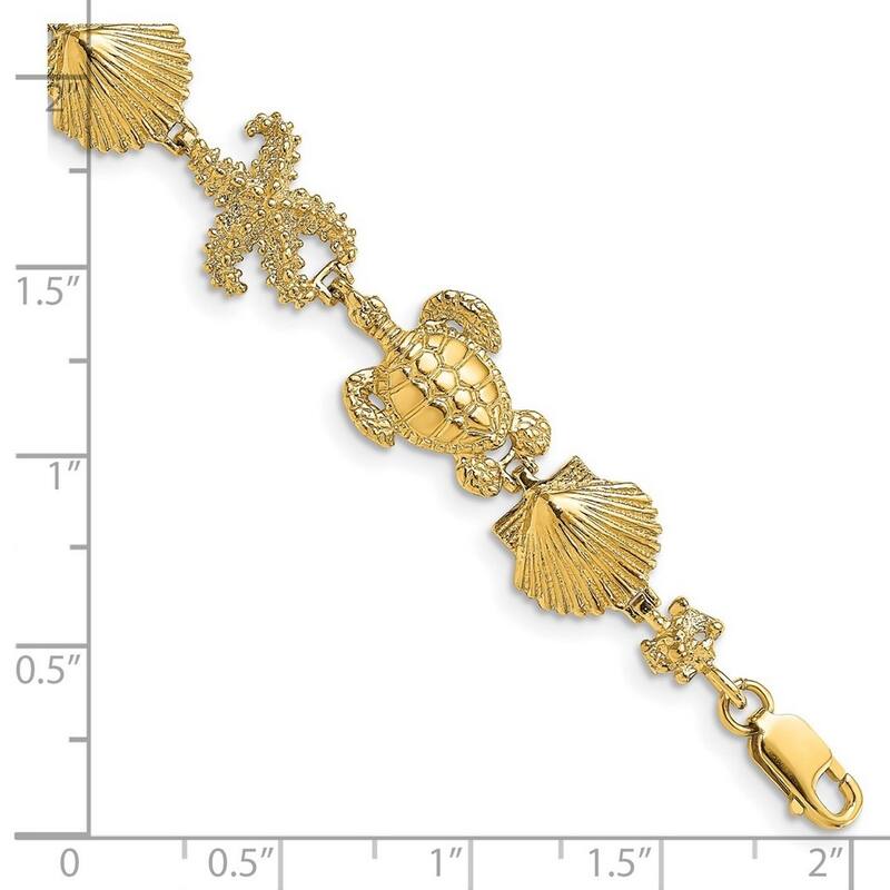 Curata 14k Gold Turtle Shell and Starfish Bracelet 7.5 Inch