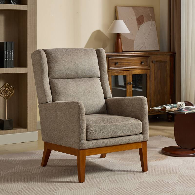 Modern High Back Accent Chair for Living Room, Upholstered Reading Armchair with Wood Legs, Single Club Chair Sofa for Lounge - taupe