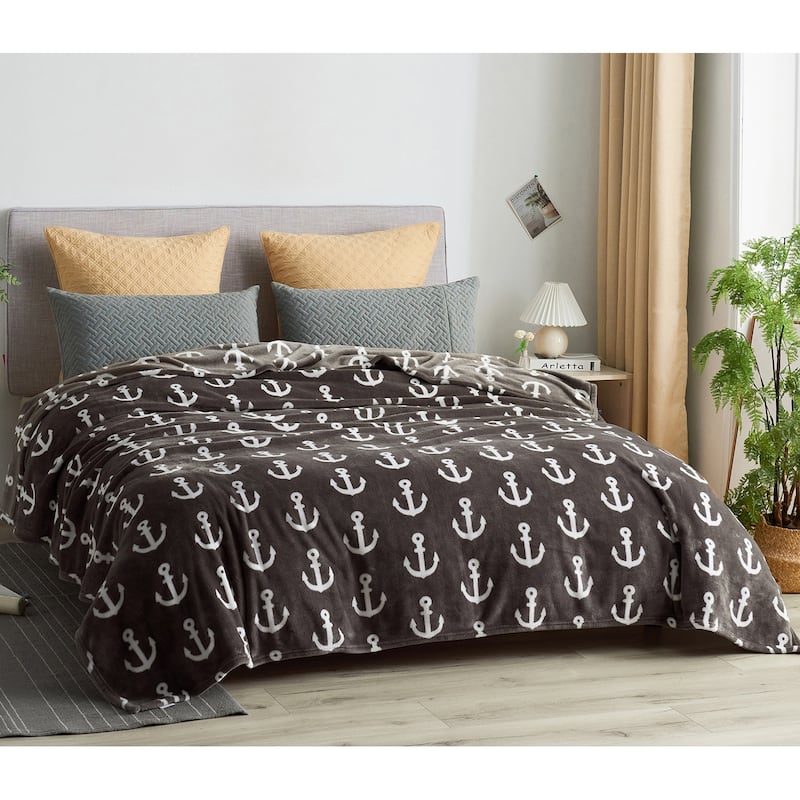 Super Soft Printed Fleece Blanket - Queen - Coffee Anchor