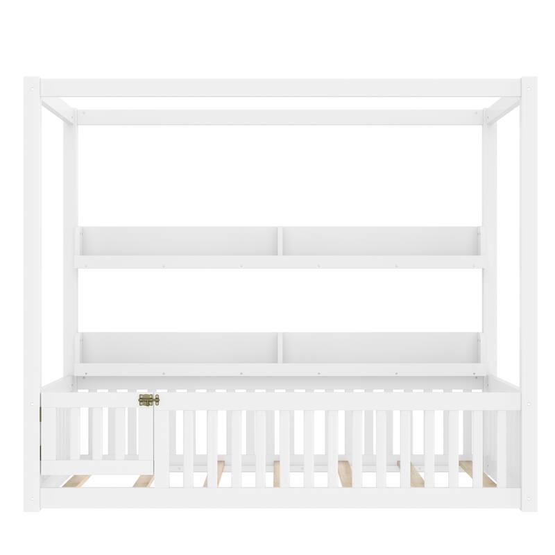 Montessori-Inspired Design Canopy Bed Kids Solid Wood Floor Bed Frame with Built-in Storage Shelves and Child-Safe Guardrails