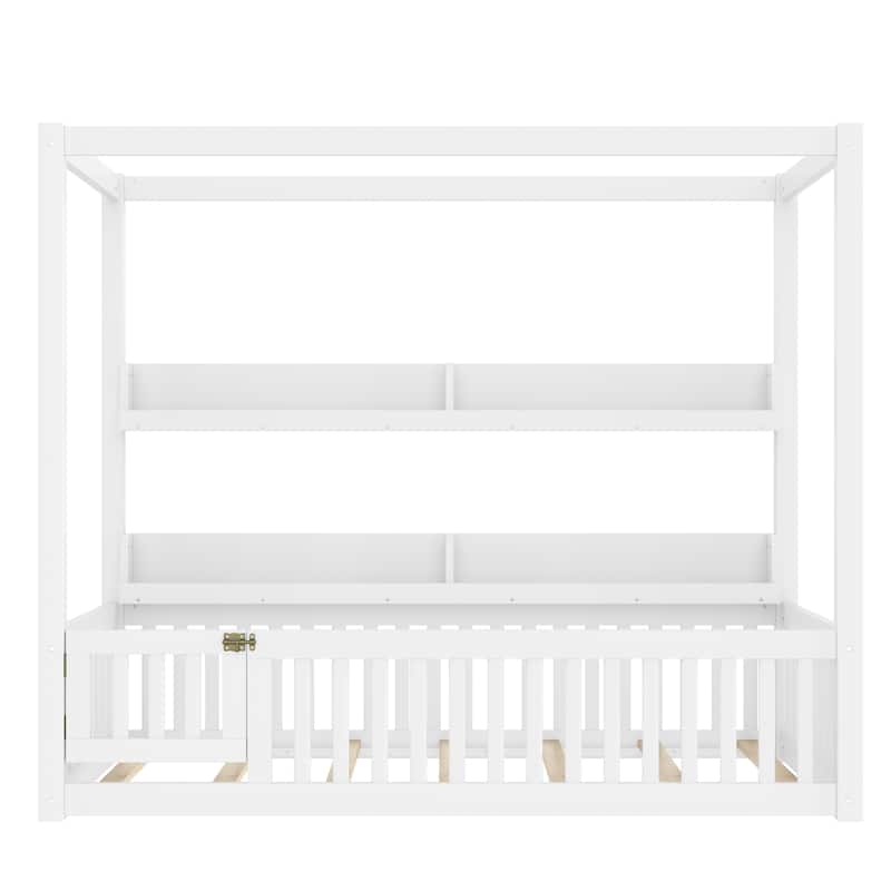 Twin Size Canopy Bed with Guardrails, Solid Wood Floor Bed with Shelves, Montessori Floor Bed Frame, No Spring Box Needed