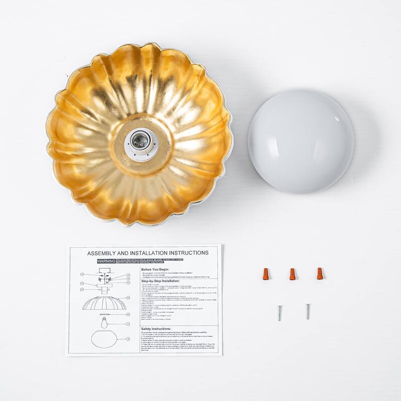 Dome Milky White Shade Flush Mount Ceiling Light with Gold Foil Interior - Dia.13.58-in