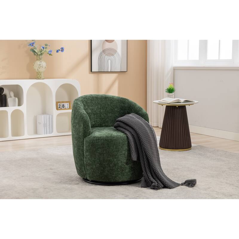 Green Chenille Modern 25.6" Upholstered Swivel Barrel Chair with Black Powder Coating and Metal Ring