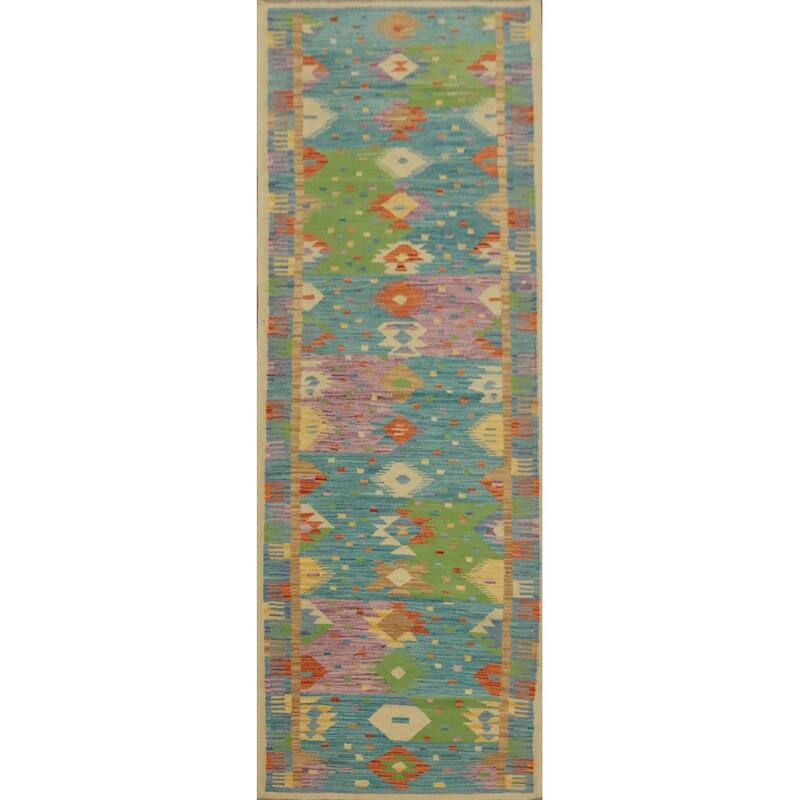 Hand Woven Oriental 100% Wool Carpet Southwestern Tribal Navy Blue & Blues Kilim Runner Rug - 9' 9'' X 2' 9''