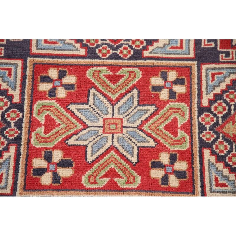 Ivory Geometric Kazak Area Rug Hand-Knotted Wool Carpet - 6'9" x 9'10"