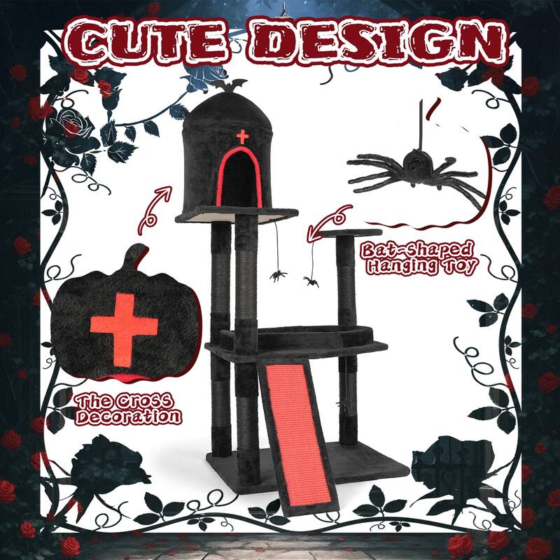 53" Gothic Cat Tree with Coffin Bed, Condo, Scratching Posts & Toys - 31.5 x 32.3 x 53.5 In