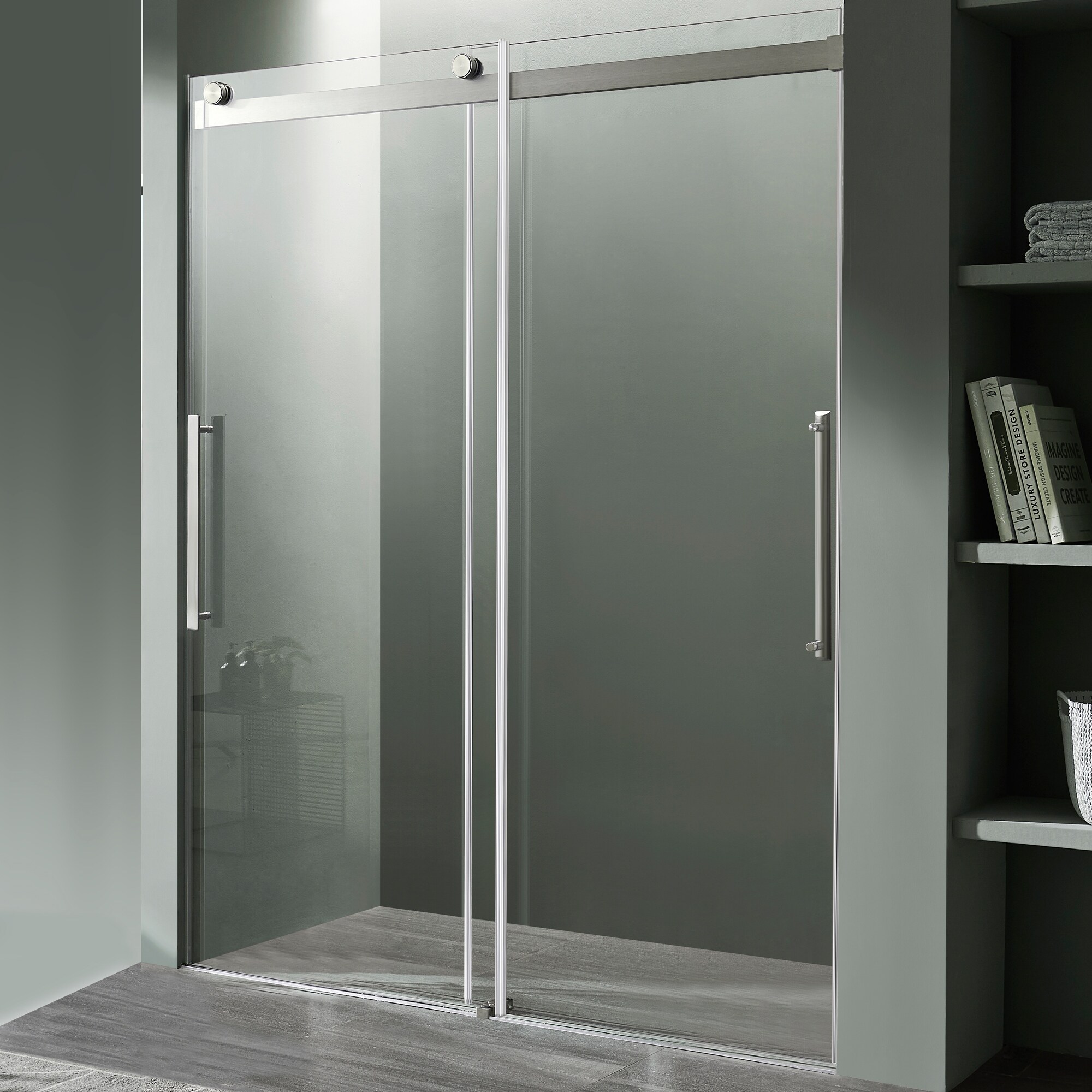 Stellar 48 In X 76 In Frameless Sliding Shower Door In Brushed Nickel Overstock 32308899