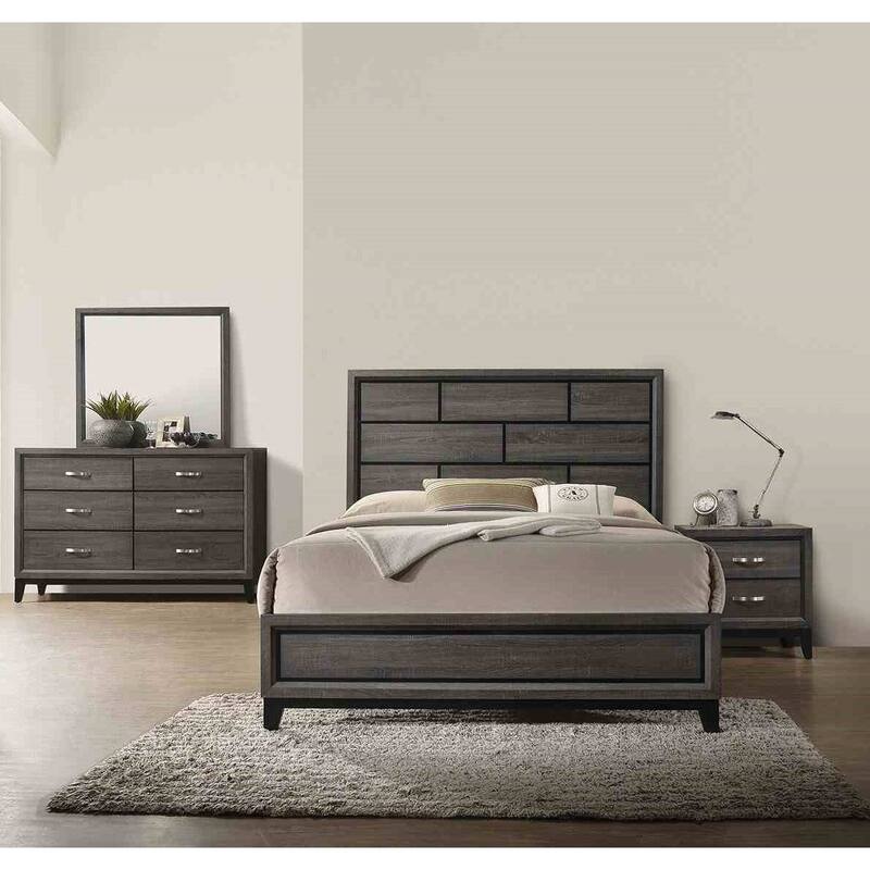 Contemporary Gray Finish 4pc Bedroom Furniture Set Panel Bed Dresser Mirror Nightstand