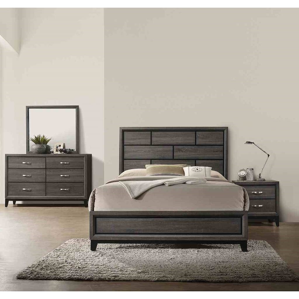 Contemporary Gray Finish 4pc Bedroom Furniture Set Panel Bed Dresser Mirror Nightstand