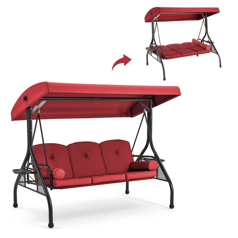 3-Seat Outdoor Porch Swing with Adjustable Canopy & Stand, Convertible Bed, All-Weather, Thickened Cushions & Cup Holders