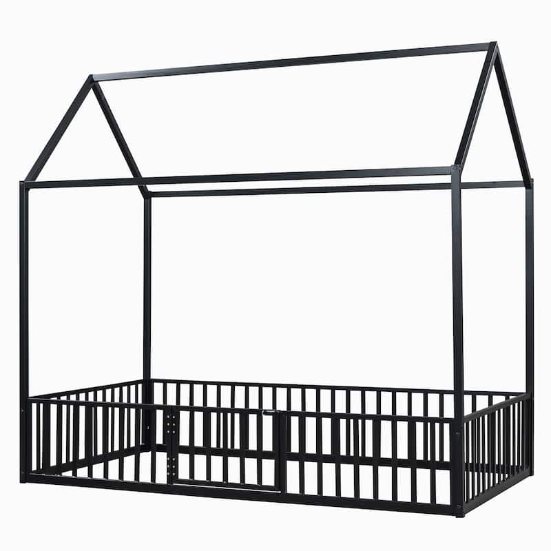 Black Twin Size Metal House Bed with Fence, Roof, and Door for Kids' Bedroom
