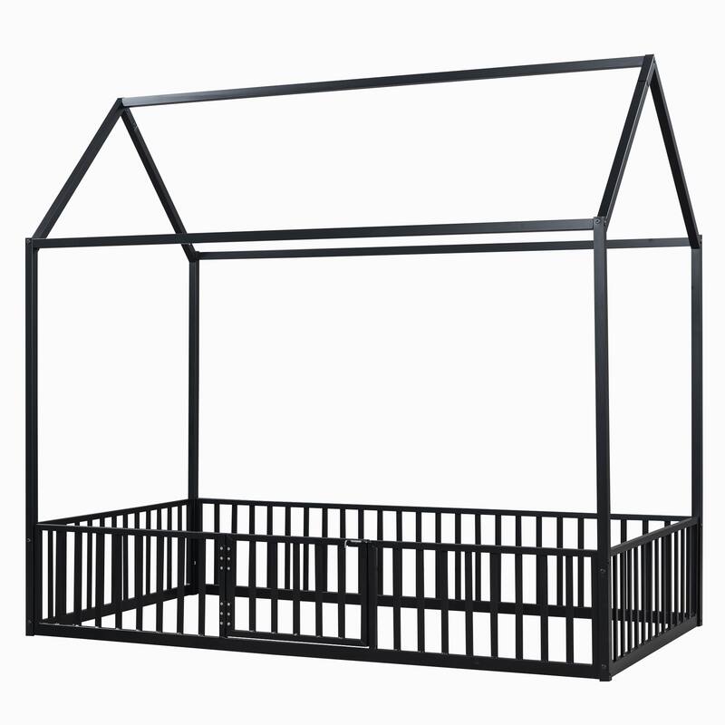 Black Twin Size Metal House Bed with Fence, Roof, and Door for Kids