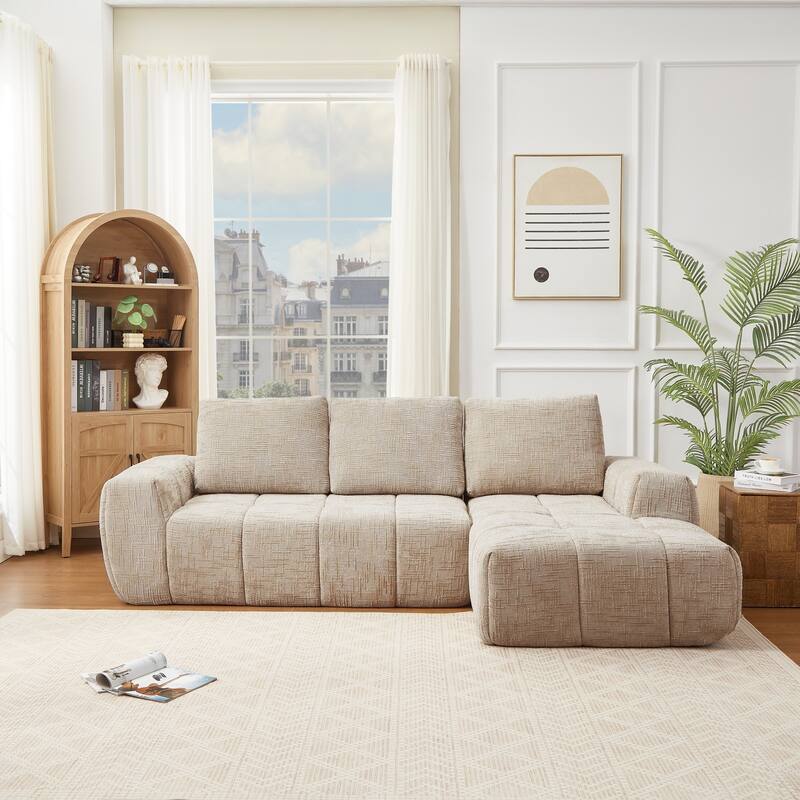 100" Modern Compression Sofa - Chenille L-Shaped Couch with Removable Pillows, No Assembly Required for Living Room - khaki