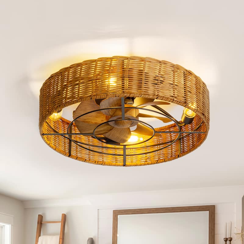 19-in Rattan Shade Low Profile Ceiling Fan with Remote Control - Remote
