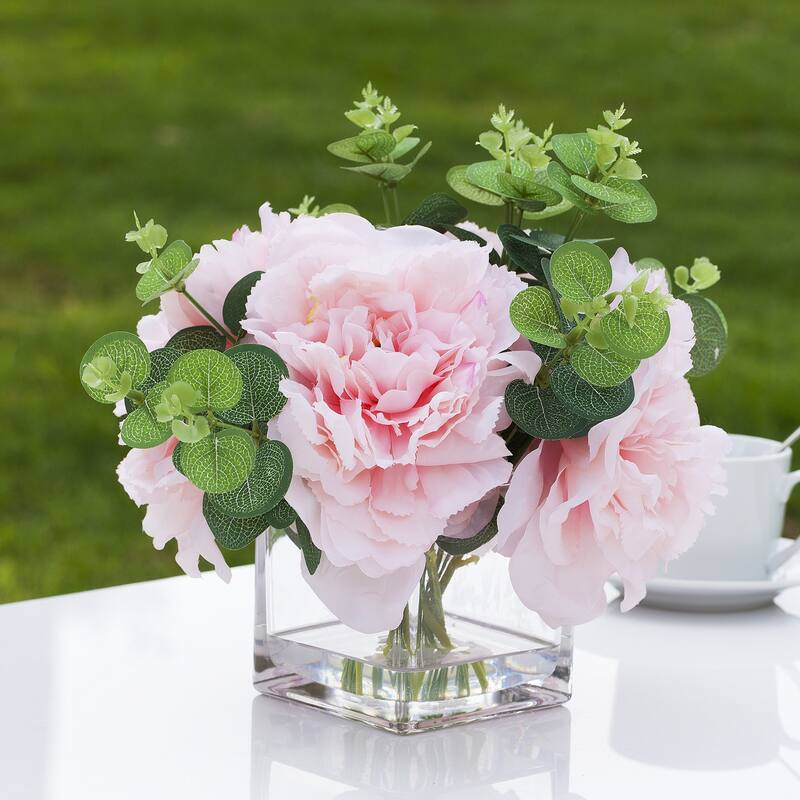 Enova Home Mixed Artificial Silk Pink Peony Faux Flowers Arrangement in ...