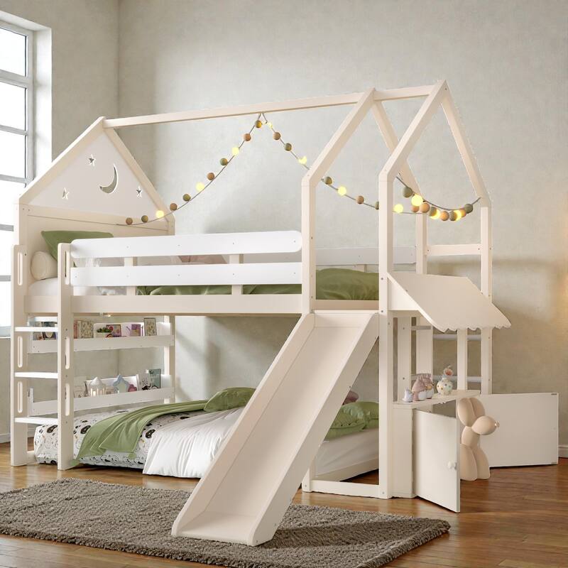 Full Size Kids Loft Bed with Bookshelf and Slide, House-Shaped Play Bed with Stairs, Safety Guardrails