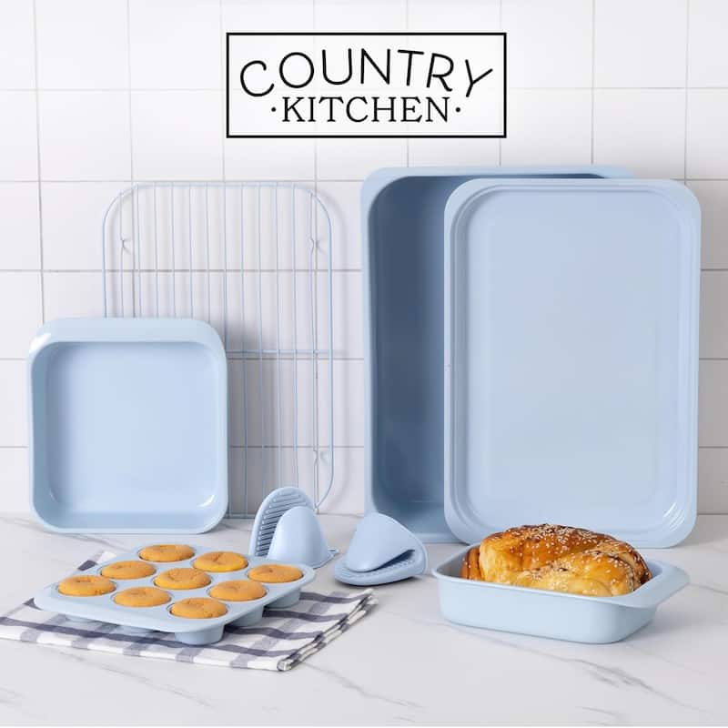 Country Kitchen 8-Piece Bakeware Set, Nonstick Baking Pans & Nesting Baking Sheets, Durable Steel, Grey