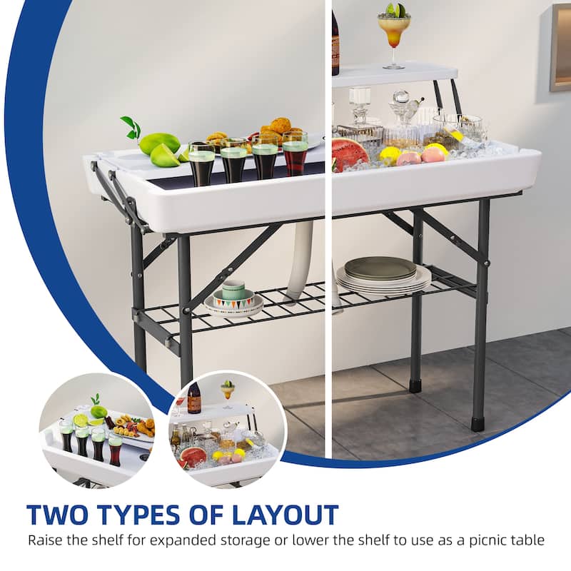 Portable Two-Tier Ice Table Folding Ice Cooler Table with Drain and Detachable Skirt