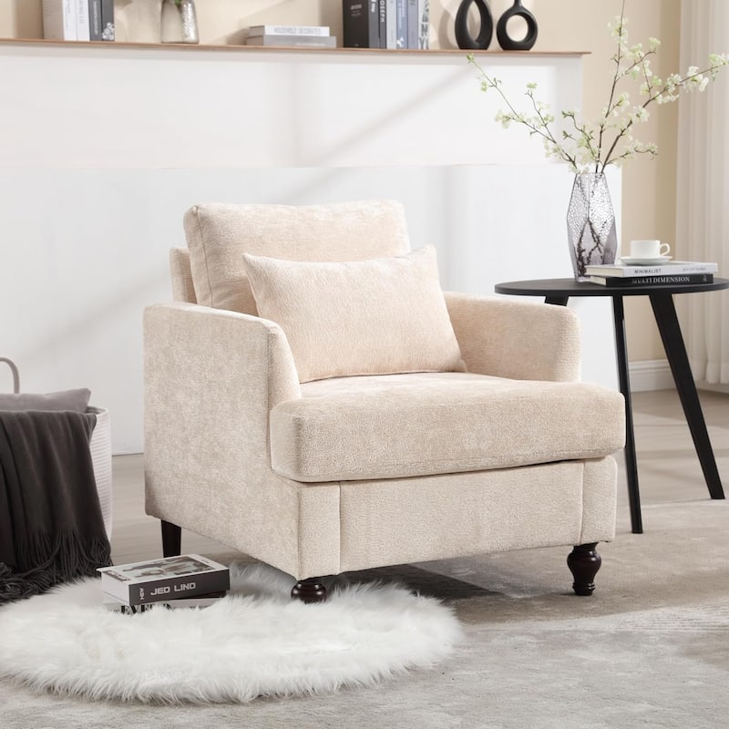 Roomfitters Tufted Wood Frame Accent Chair, Mid-Century Lounge Club Chair with Studded Trim for Bedroom or Living Room - Beige