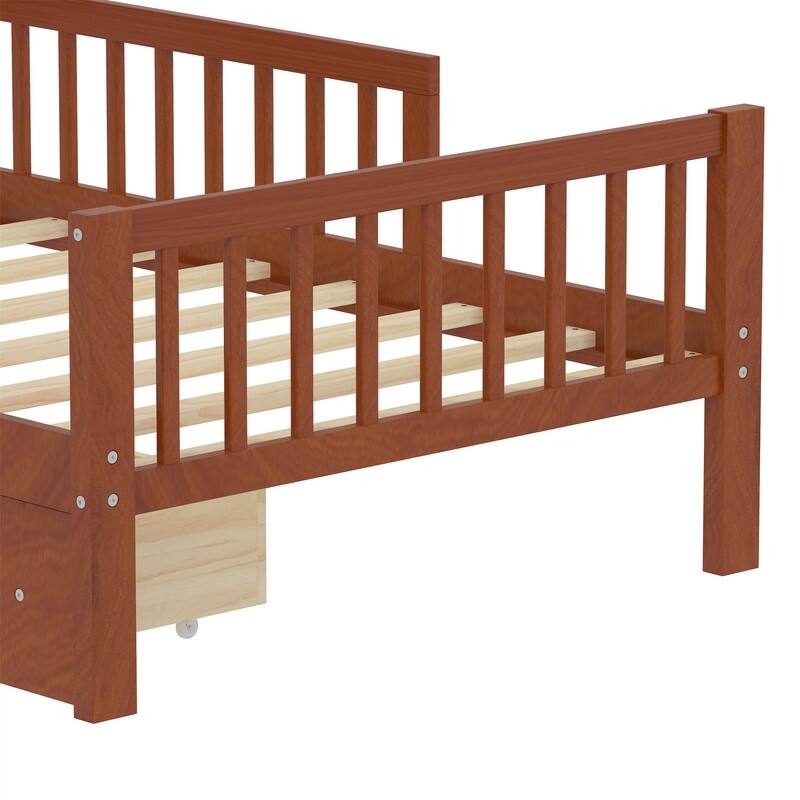 Twin Size Platform Bed with Storage Headboard and 2 Under-Bed Drawers, Wooden Bed Frame with Guardrails and Slats Support