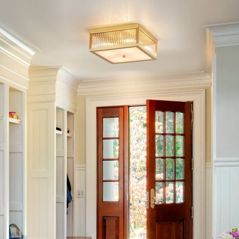 12.2 in. 4-Light Industrial Black/Gold Square Flush Mount Ceiling Light with Clear Glass Rods