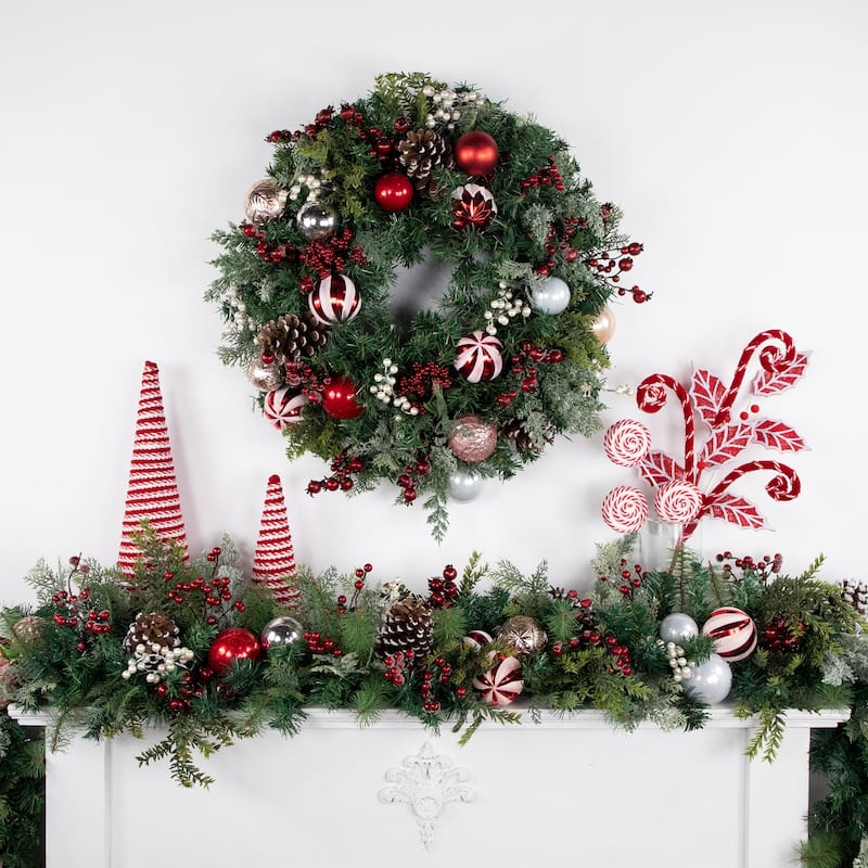 Pre-Decorated Peppermint Ornaments Artificial Pine Christmas Garland - Unlit - 6'