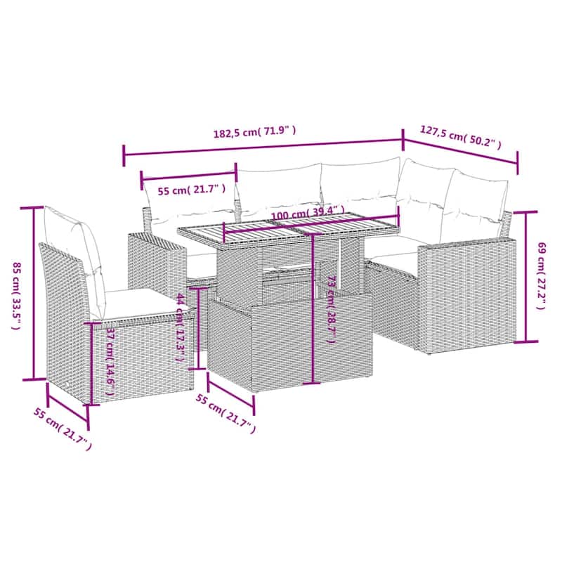 vidaXL Patio Sofa Set with Cushions Outdoor Furniture 6 Piece Poly Rattan - 24.4" x 24.4" x 27.2"