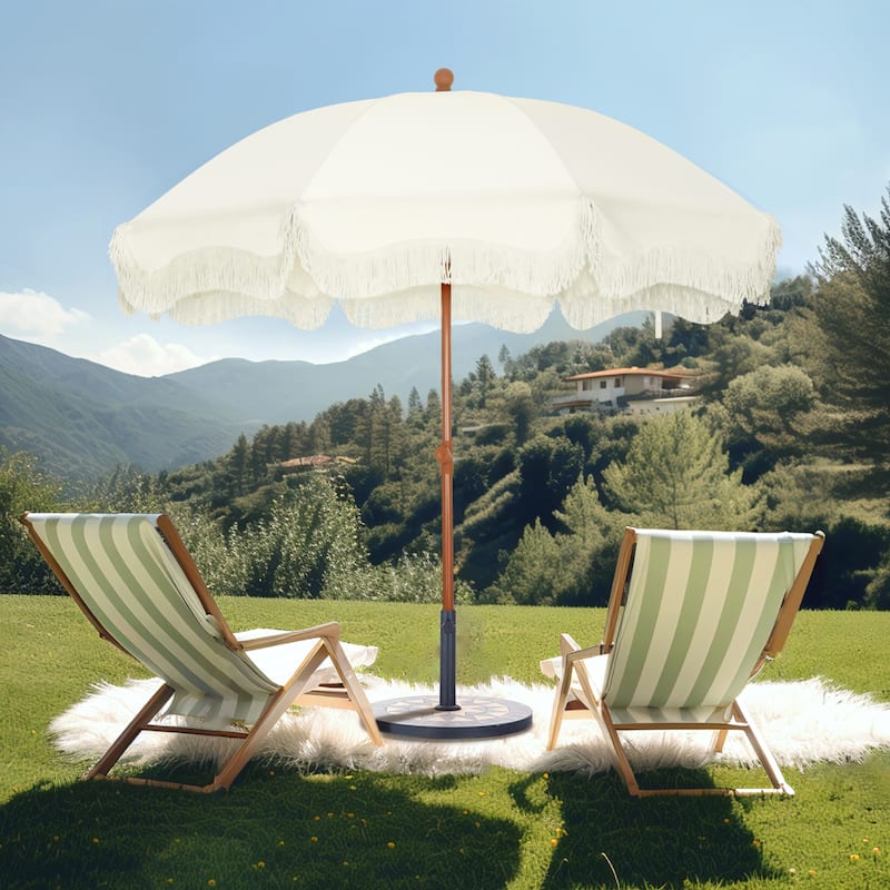 MAISON ARTS 7ft Patio Fringe Umbrella Outdor Tassel Beach Umbrella with Push Botton Tilt UPF50+