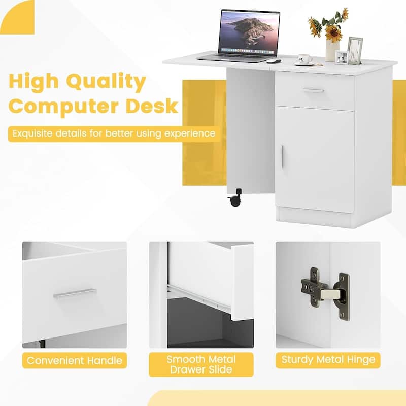 Compact Home Office Desk Folding Computer Desk w/ Storage Drawer