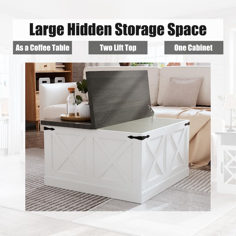 Coffee Table with Large Hidden Storage, Two-Tone Square Wood Center Table, Cocktail Table with Hinged Lift Top - White