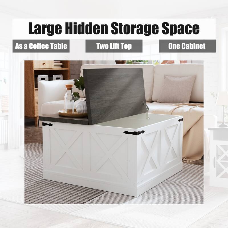 Farmhouse Coffee Table, Square Wood Center Table with Large Hidden Storage Compartment for Living Room