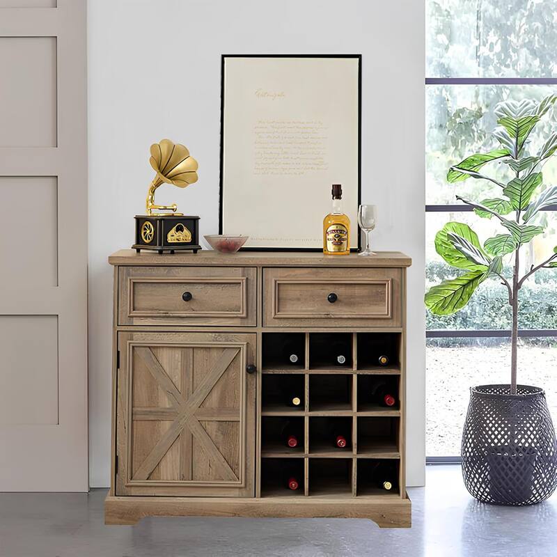 Roomfitters Farmhouse Buffet Cabinet with Storage Sideboard with 2 Drawers, Wine Bar Cabinet with Removable Wine Racks Storage