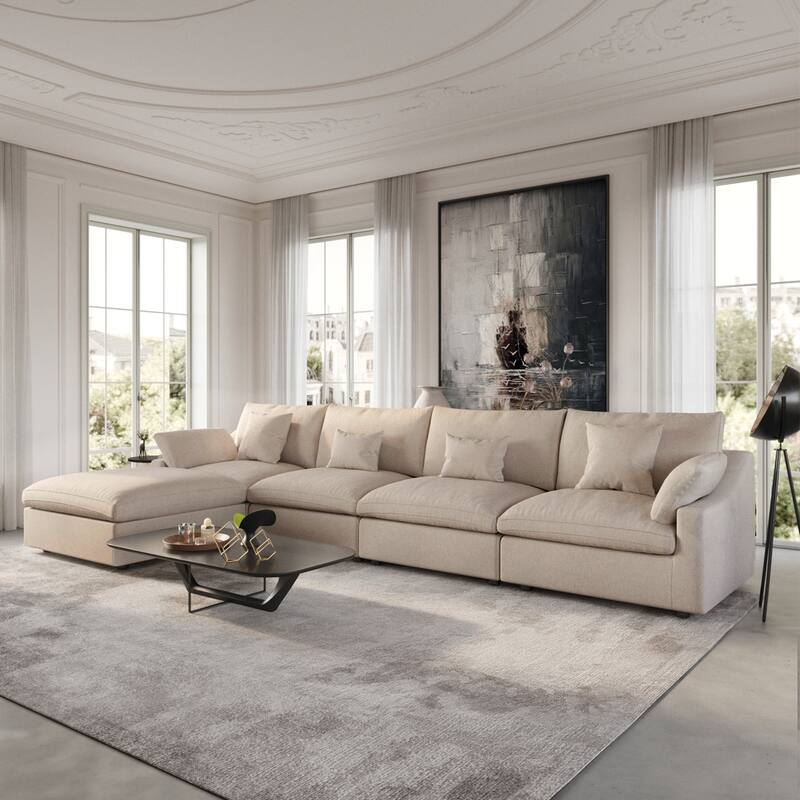 Modular Sectional Sofa Cloud Couch with Ottoman, L Shaped Linen Blend Fabric Minimalist Sectional Sofa for Living Room, Khaki