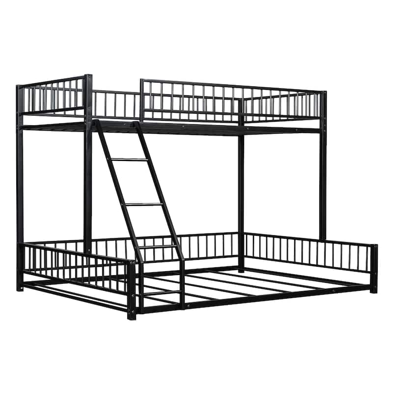 Roomfitters Twin/Full XL over Queen Floor Bunk Bed Frame with Ladder and Safety Guardrails Easy Assembly, Black