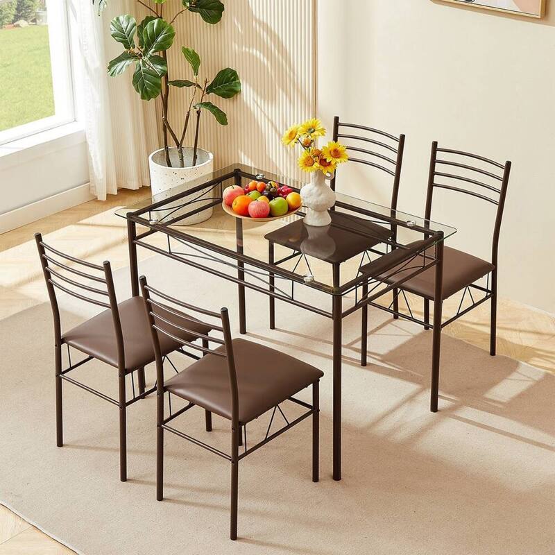 Javlergo 5-Piece Dining Table Set with Glass Top & Brown PU Leather Chairs Space-Saving Rectangle Dining Set for Apartments - Brown