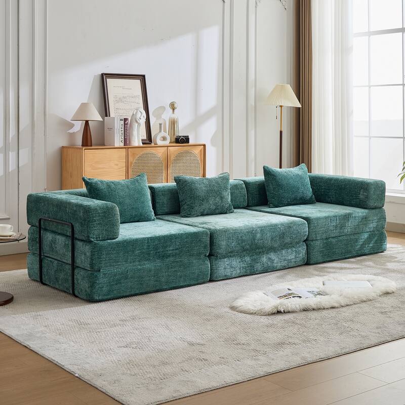 Free Combination Lazy Folding Sectional Sofa Chenille Modular Sleeper Sofa Bed Floor Standing Compression Mattress - Dark Green