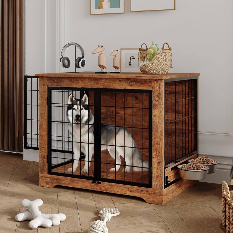 Dog Crate Furniture, Indoor Dog Crate with Rotating Feeder - N/A