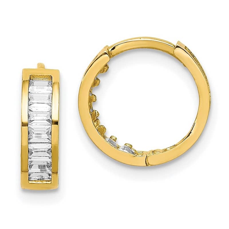 Curata 10k Yellow Gold 3mm Baguette Simulated Diamond Hinged Hoop Earrings - 11.68mm or 14.87mm